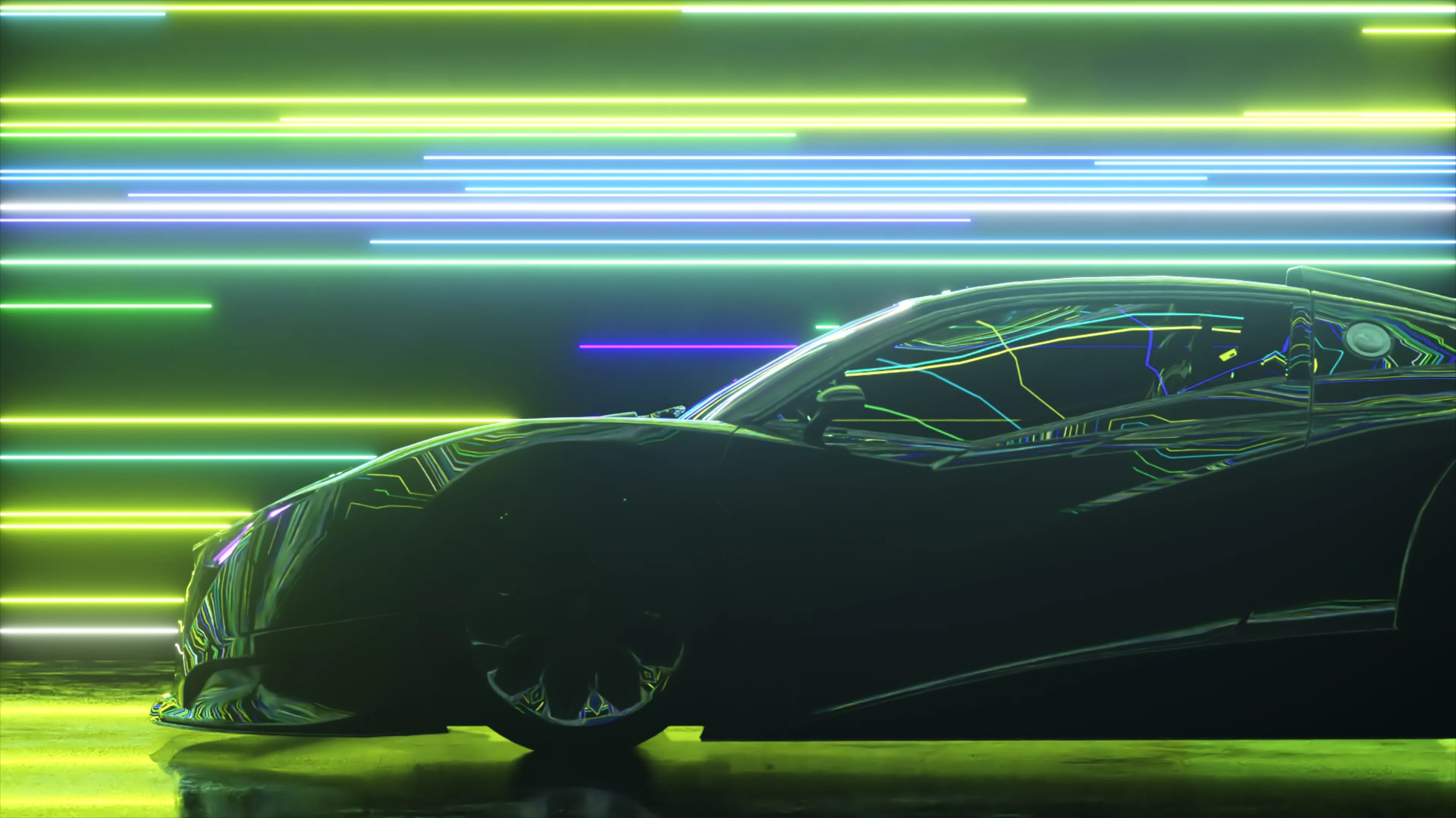 Voiture de sport noire sous des lumières néon vertes et bleues, symbole de performance et reprogrammation moteur.